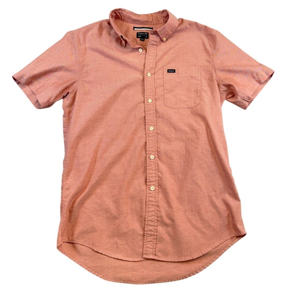 RVCA Mens Slim Fit Short Sleeve Button Down Shirt Salmon Pink Size Medium